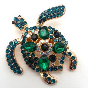 Turtle Rhinestone Brooch Pin Stylish Sea Sparkle Glam Green Blue Gold Tone